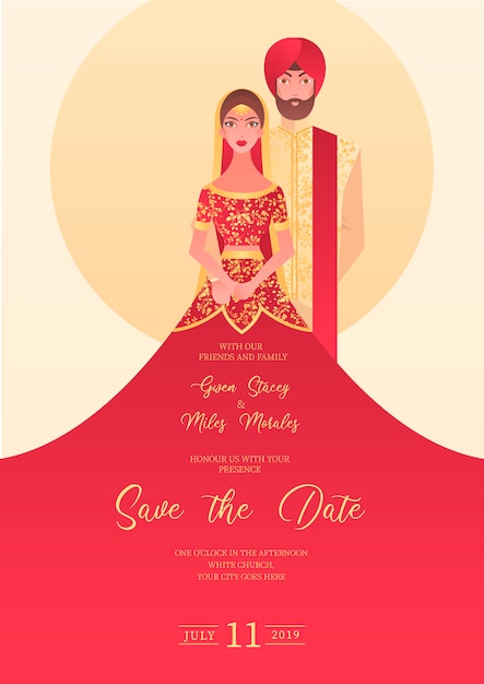 Free Vector indian wedding invitation with characters