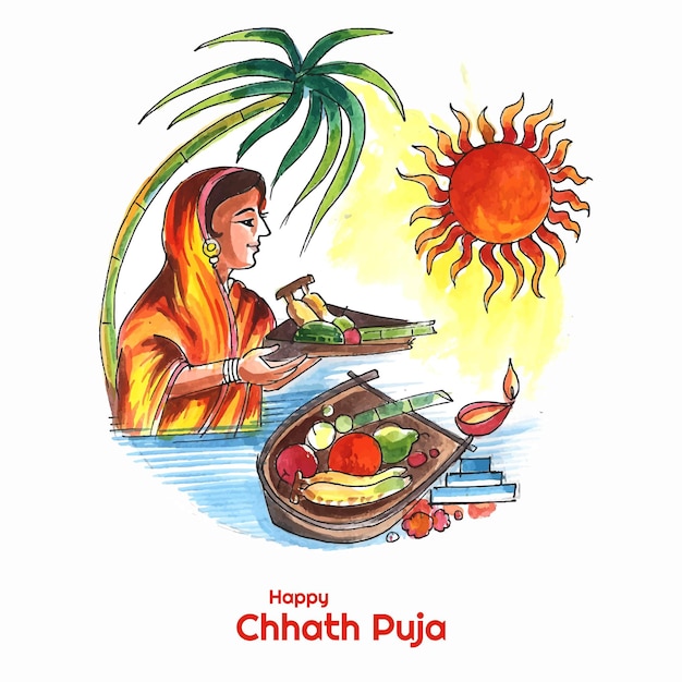 Indian women for happy chhath Puja with background and Sun