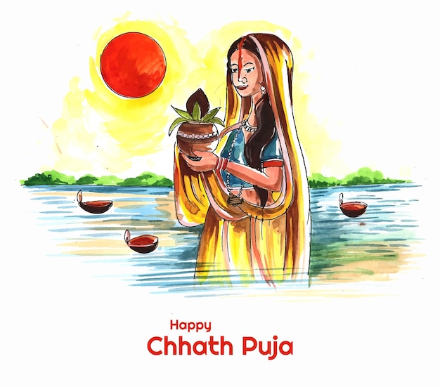 Indian women for happy chhath Puja with background and Sun