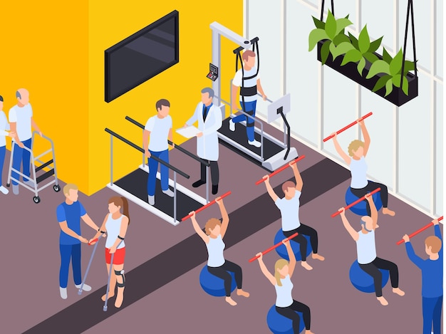 Free Vector individual and group functional rehabilitation exercise programs isometric illustration