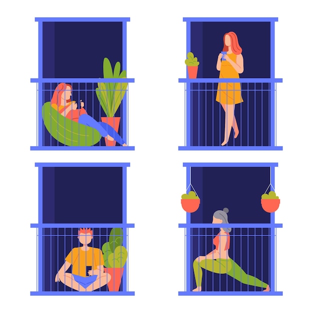 Free Vector individuals doing various activities on balcony