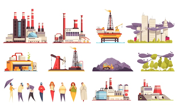 Free Vector industrial buildings cartoon set of factories power plants oil offshore platform isolated  illustration