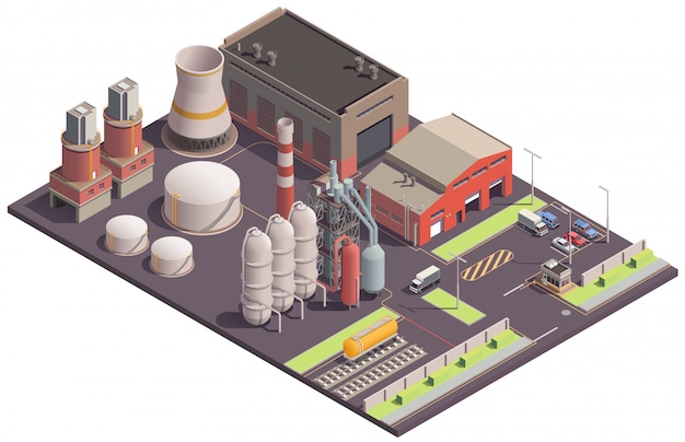 Industrial buildings isometric composition with view of plantsite area with images of plant buildings and facilities