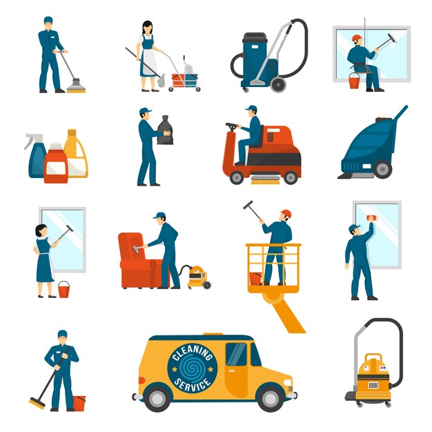   Industrial Cleaning Service Flat Icons Set 