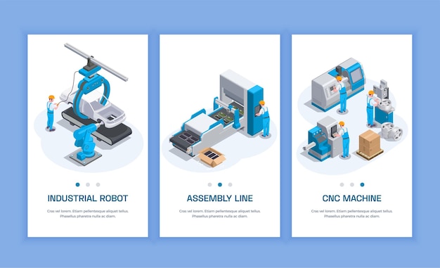 Free vector industrial equipment set of three isometric vertical banners with editable text human characters and machine tools  illustration