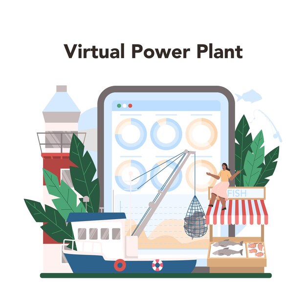 Industrial fishing online service or platform Capture fisheries seafood production and farming Exotic food VPP virtual power plant Isolated flat vector illustration