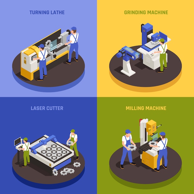 Free Vector industrial machinery concept icons set with milling machine symbols isometric isolated 