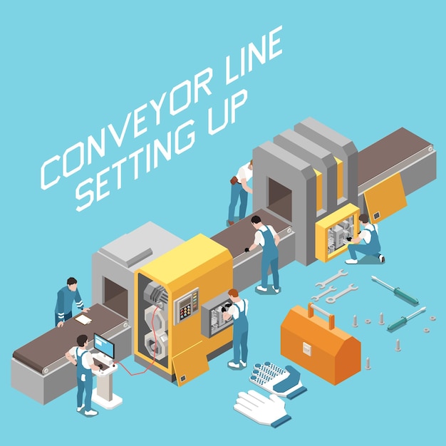 Free Vector industrial maintenance engineer technician isometric colored composition with conveyor line setting up vector illustration