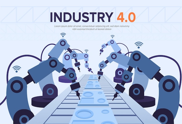 Industry 4.0 illustration with robotic arms.