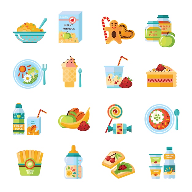 Free Vector infant baby food flat icons set 