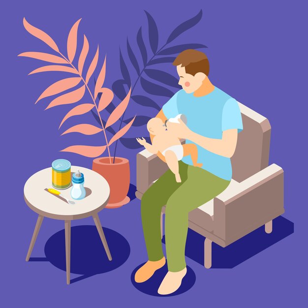 Infant care isometric composition with father sitting comfortably in armchair enjoying bottle feeding baby  illustration