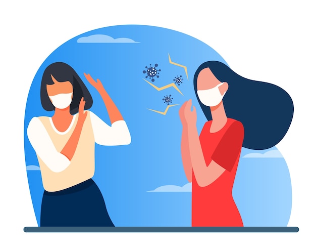 Free Vector infected woman in mask coughing. virus spread, social distance violation flat vector illustration. coronavirus, epidemic, infection