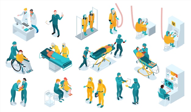 Infectious disease isometric set with virologist symbols isolated vector illustration