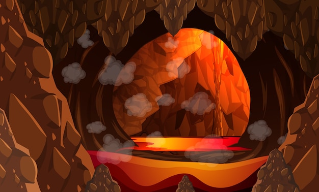 Infernal dark cave with lava scene