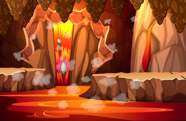 Free Vector infernal dark cave with lava scene