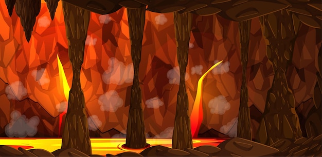 Infernal dark cave with lava scene