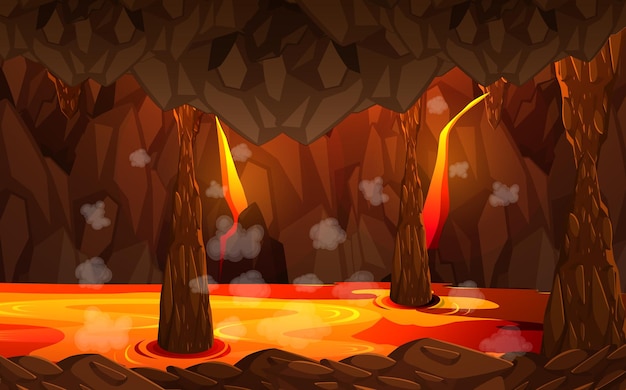 Free vector infernal dark cave with lava scene