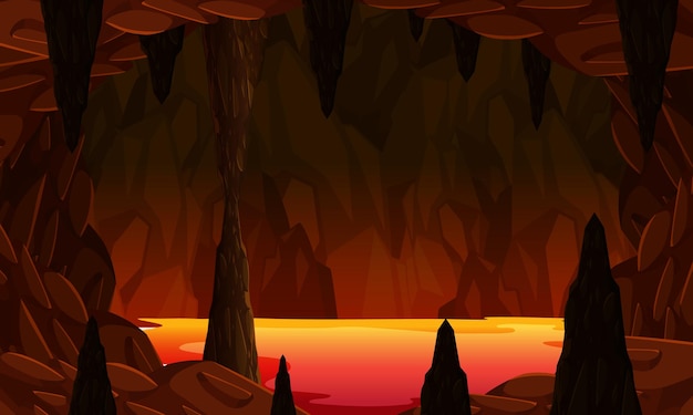 Free vector infernal dark cave with lava scene