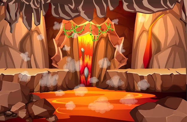 Free Vector infernal dark cave with lava scene