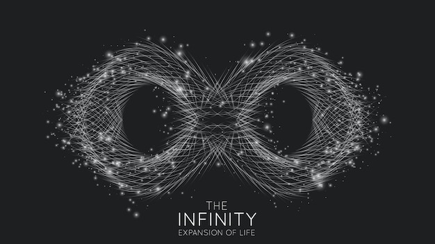 Infinity expansion of life. infinity sign explosion background. Small particles strive out of center.