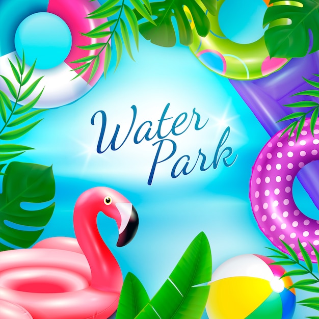 Free Vector inflatable rubber toys swimming rings background with ornate text surrounded by tropical leaves and inner rings