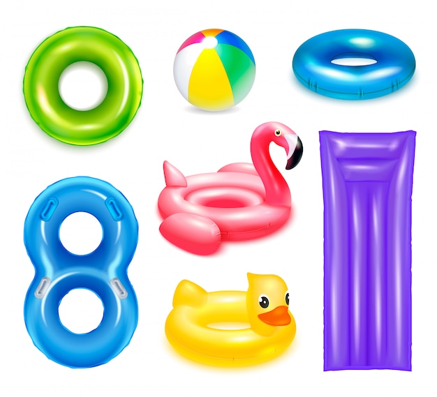 Inflatable rubber toys swimming rings set of isolated realistic images of circle shaped and childish water