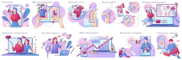 Free Vector influencer marketing flat line set of isolated compositions with smartphones laptops social media icons and people vector illustration