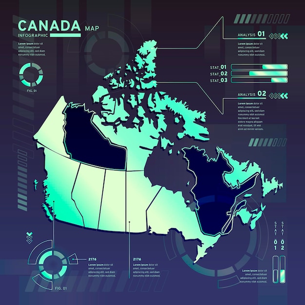 Infographic of canada neon map in flat design