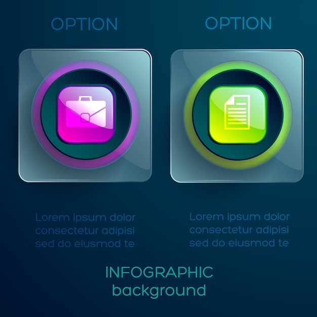 infographic concept with text two glass transparent squares glossy colorful buttons and icons isolated