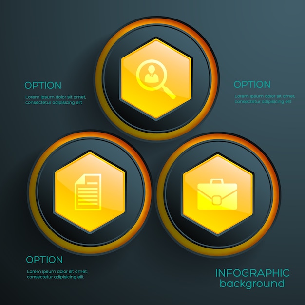 Free Vector infographic concept with three orange hexagonal web elements and business icons