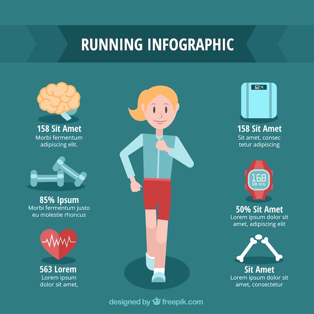 Infographic template with flat objects and woman running