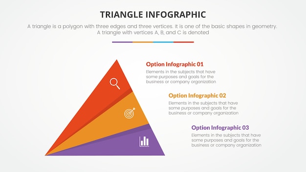 Infographic triangle concept for slide presentation with 3 point list with flat style