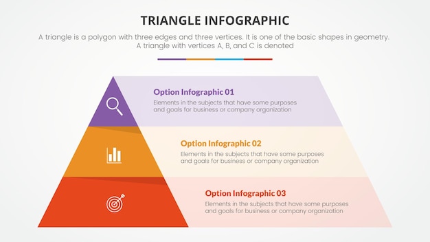 Infographic triangle concept for slide presentation with 3 point list with flat style