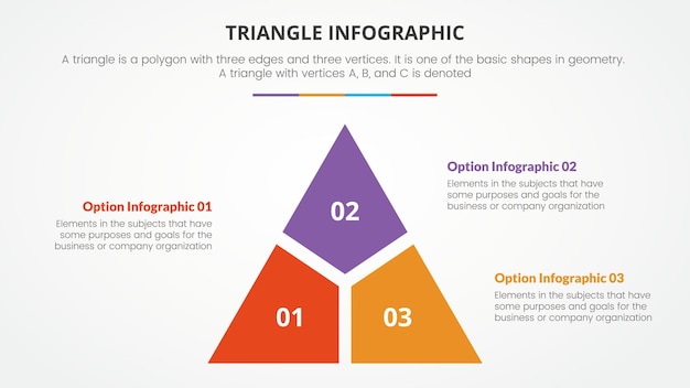 Infographic triangle concept for slide presentation with 3 point list