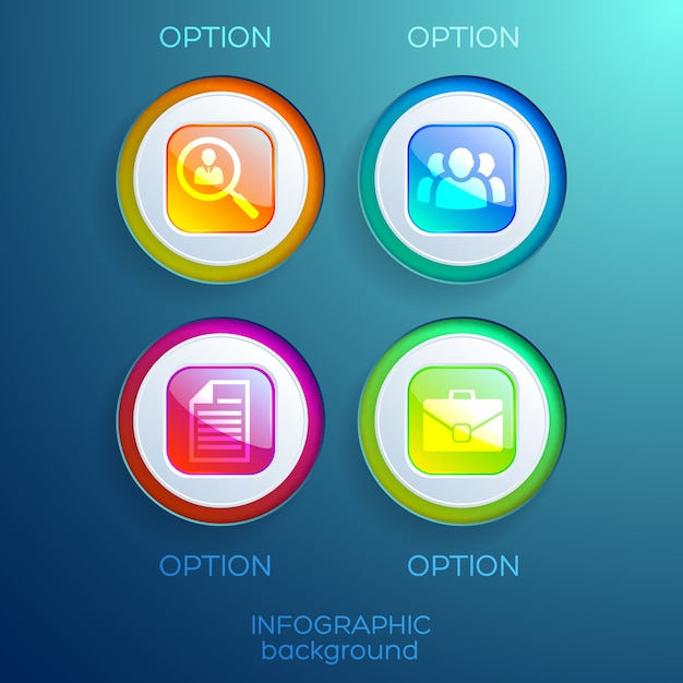 Infographic web design collection with colorful glossy square buttons and business icons isolated