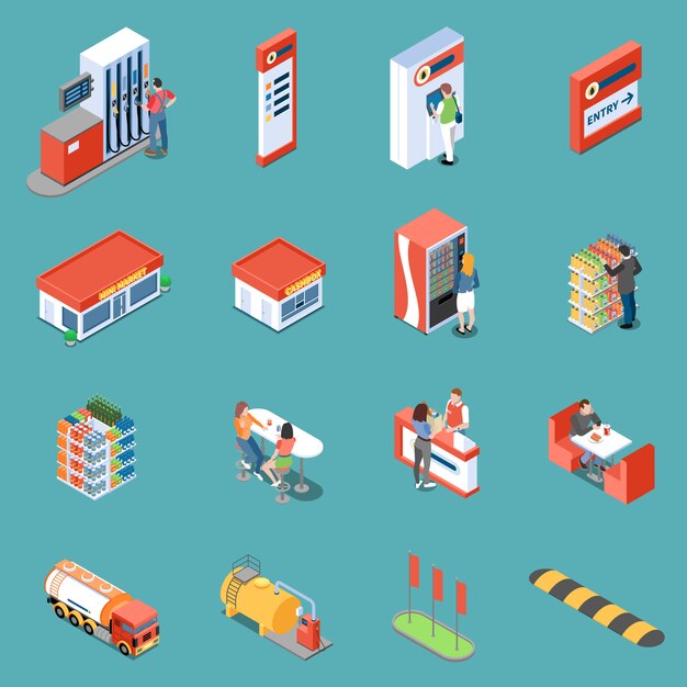 Infrastructure of gas station and services for clients isometric icons isolated vector illustration