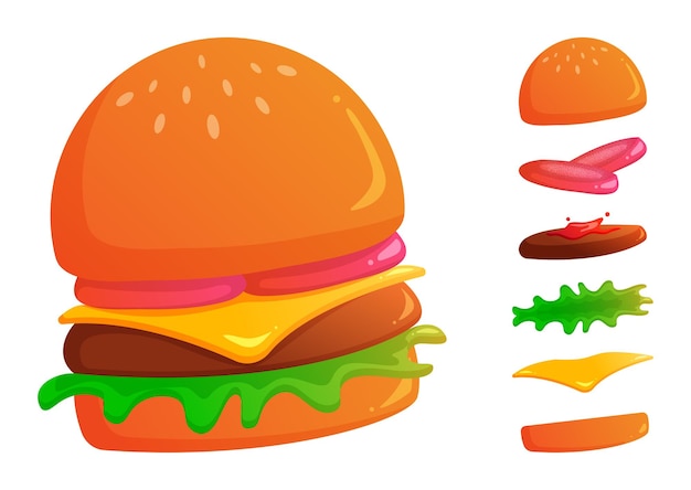 Free Vector ingredients of burger and sandwich sliced veggies bun cutlet bread tomato meat sauce lettuce cheese vector illustration cartoon flat isolated on white