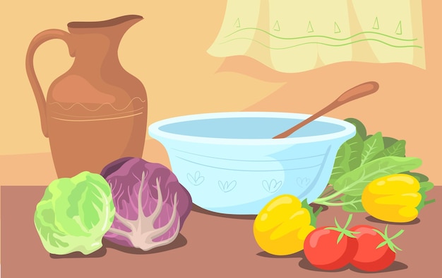 Free Vector ingredients for salad and bowl on table cartoon illustration