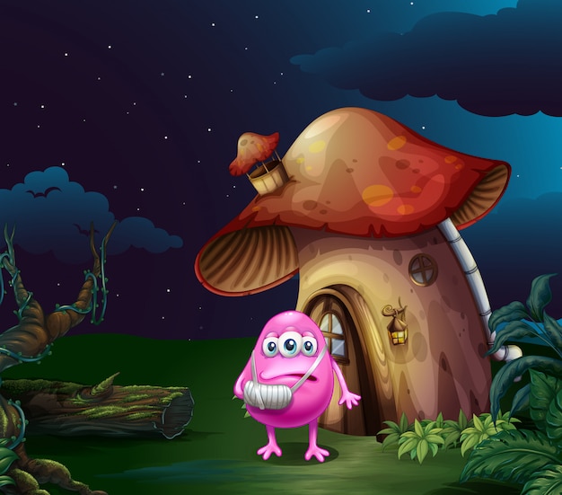 Free Vector an injured pink monster near the mushroom house