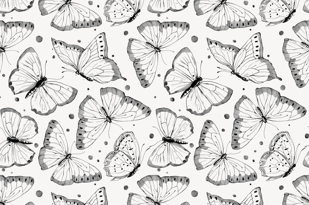 Free Vector ink butterfly background, line art pattern design vector