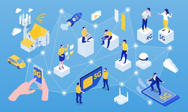 Innovative 5g internet technology isometric horizontal composition with smart home appliances devices users connection 