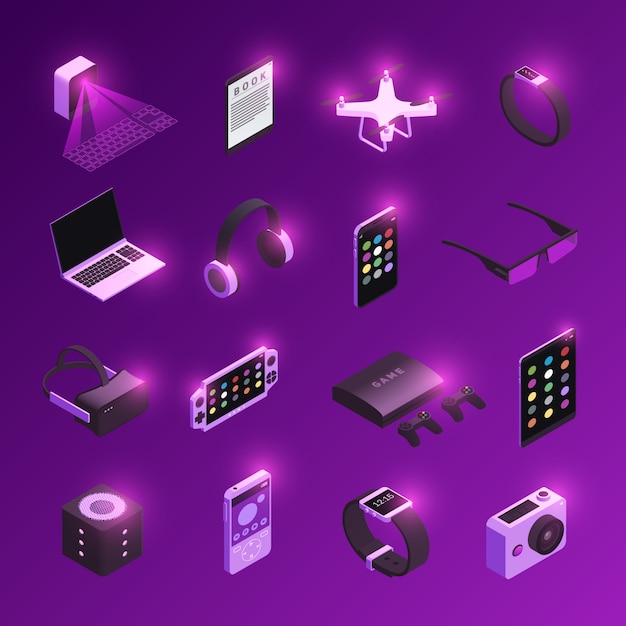 Innovative electronic technology gadgets  isometric icons set with virtual reality headset smart watch purple