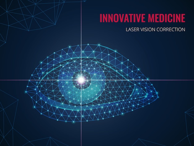 Innovative medicine with human eye image in wireframe polygonal style and advertising of laser vision correction vector illustration