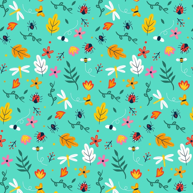 Insects and flowers pattern theme