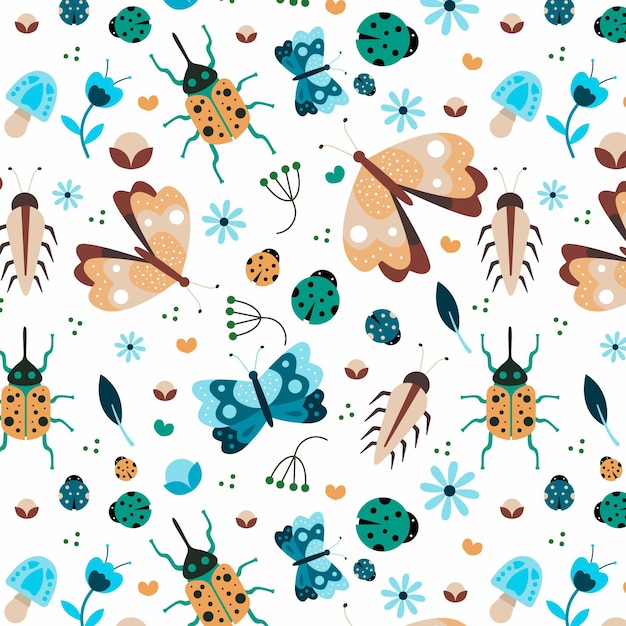 Free Vector insects and flowers pattern