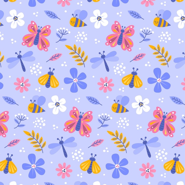 Free Vector insects and flowers pattern