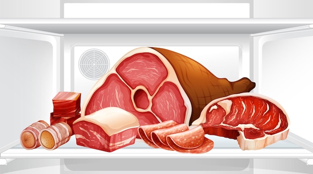 An inside the refrigerator with meat