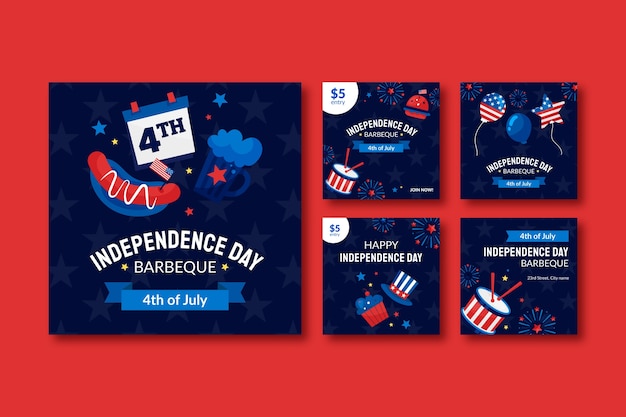 Free Vector instagram posts collection for american 4th of july celebration