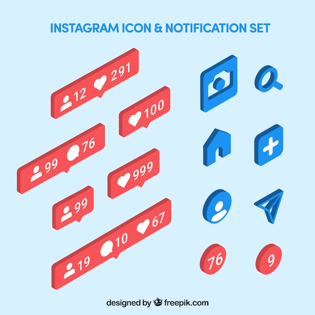 Free Vector instagrams icons and notifications set in isometric style