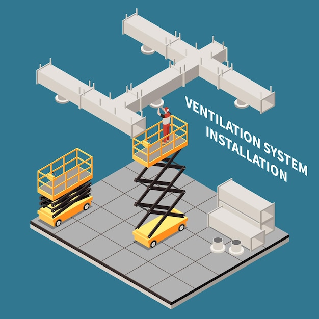 Free Vector installation of ventilation system isometric background with people working on height using scissor lift hydraulic loading vector illustration